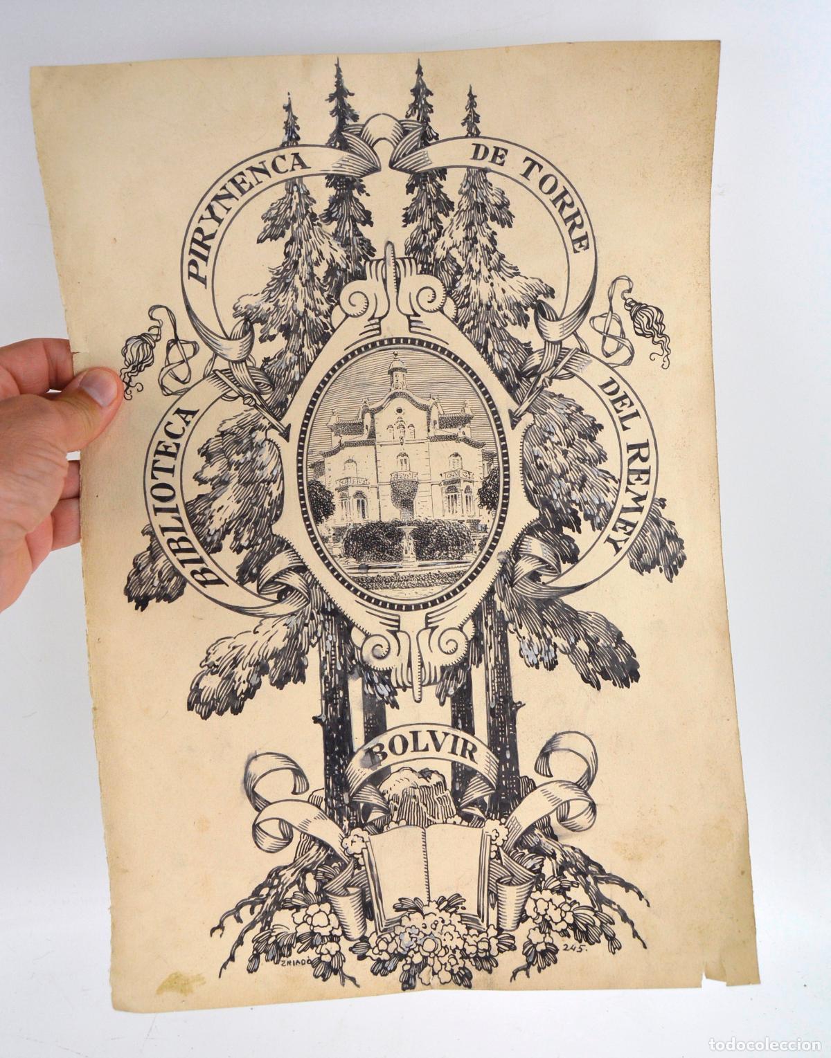 Arte: Josep Triad&oacute;, exlibris, Biblioteca Pirynenca de la Torre del Remey, Bolvir, dibujo original.