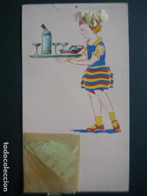 Arte: NI&Ntilde;A CAMARERA CON BANDEJA TECNICA MIXTA DIBUJO ORIGINAL ART DECO PARA PUBLICIDAD 33 X 19 CM