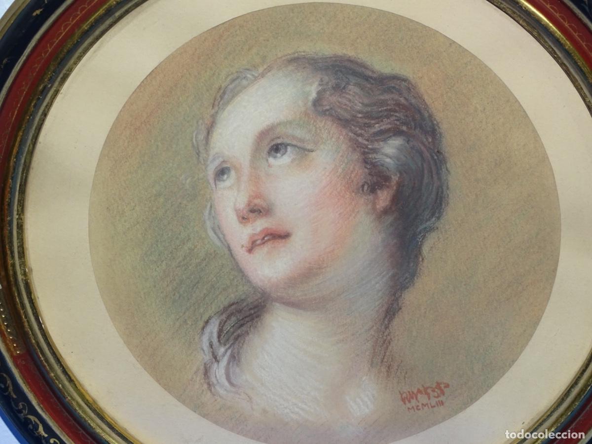 Arte: DIBUJO FIRMA ILEGIBLE. RETRADO CHICA 1953. MARCO EPOCA.