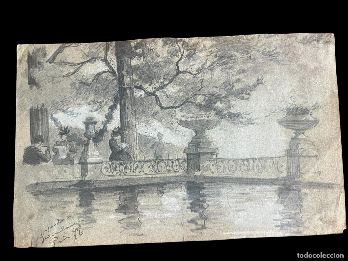Arte: DIBUJO A L&Aacute;PIZ DEL JARD&Iacute;N DE LUXEMBURGO PAR&Iacute;S 1872.