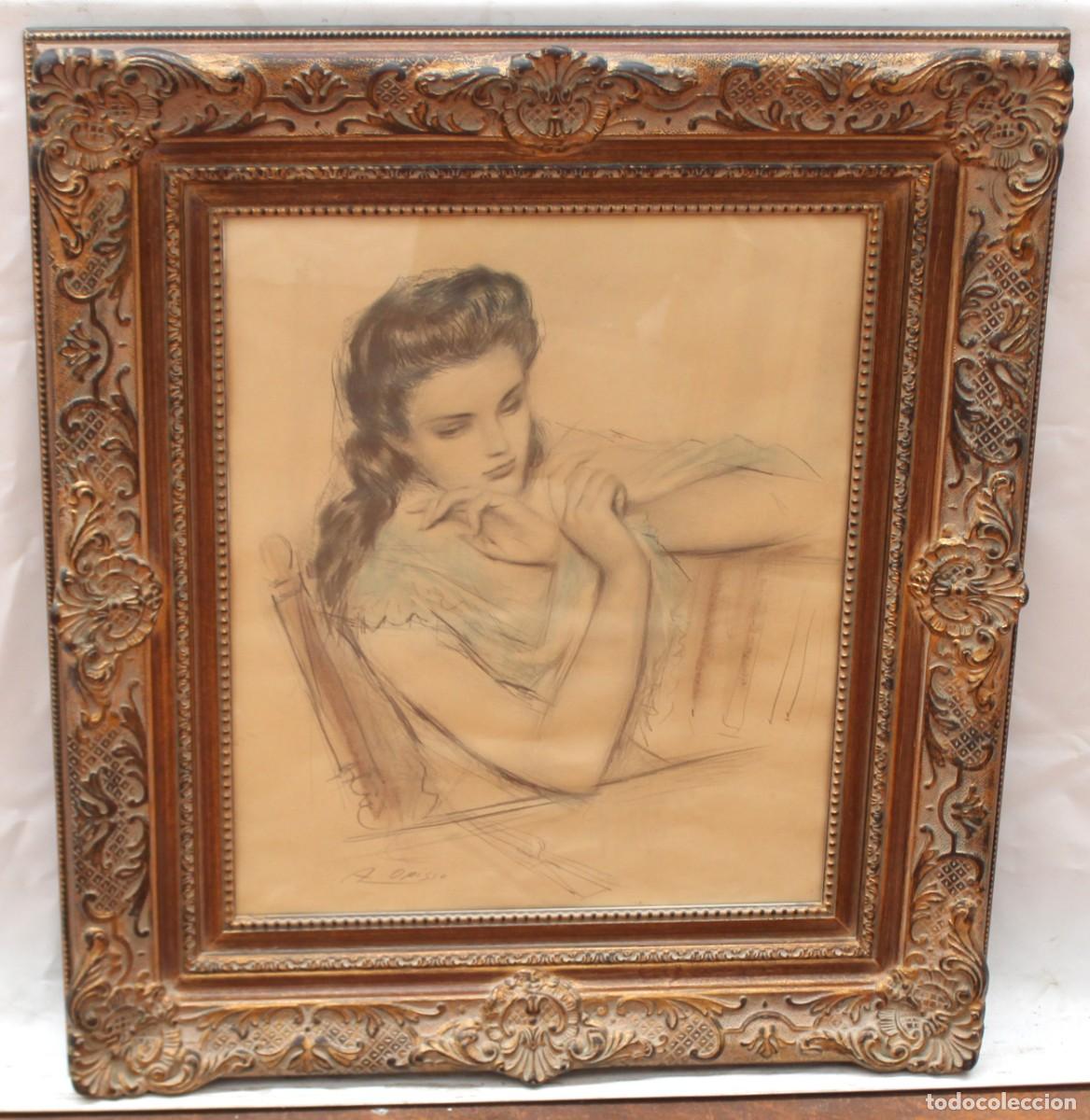 Arte: ALFREDO OPISSO CARDONA (1907 - 1980) DIBUJO A CARBON Y LAPICES DE COLOR. JOVEN PENSATIVA