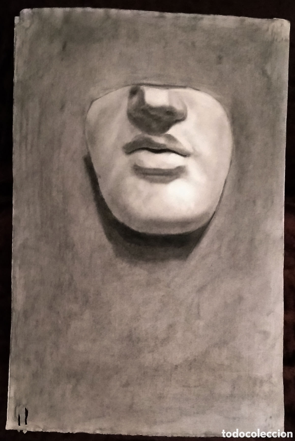 Arte: DIBUJO a CARBONCILLO / (REALISMO). * FRAGMENTO DE CARA DE ESTATUA *. AUT.: JUAN MART&Iacute;N T. (A&ntilde;os 50)