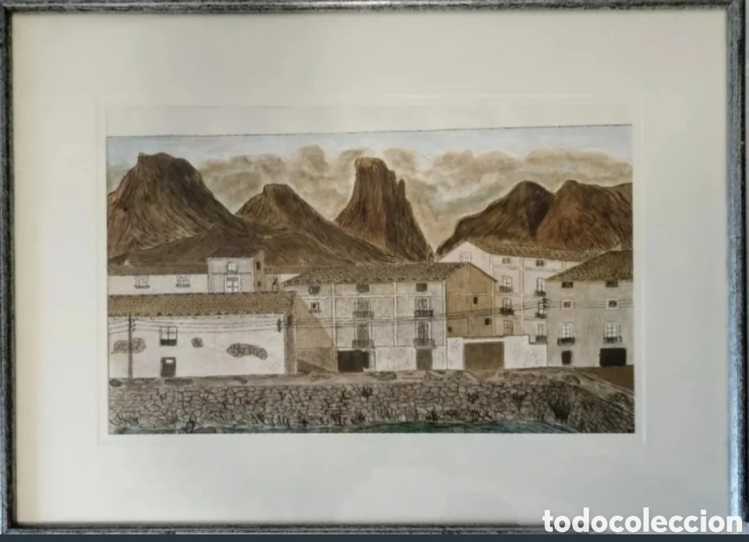Art: Dibujo de paisaje rural, enmarcado. A&ntilde;os 70/80.