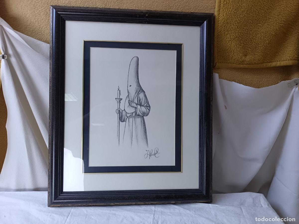 Arte: Dibujo original de Nazareno o Penitente de Semana Santa, firmado y enmarcado