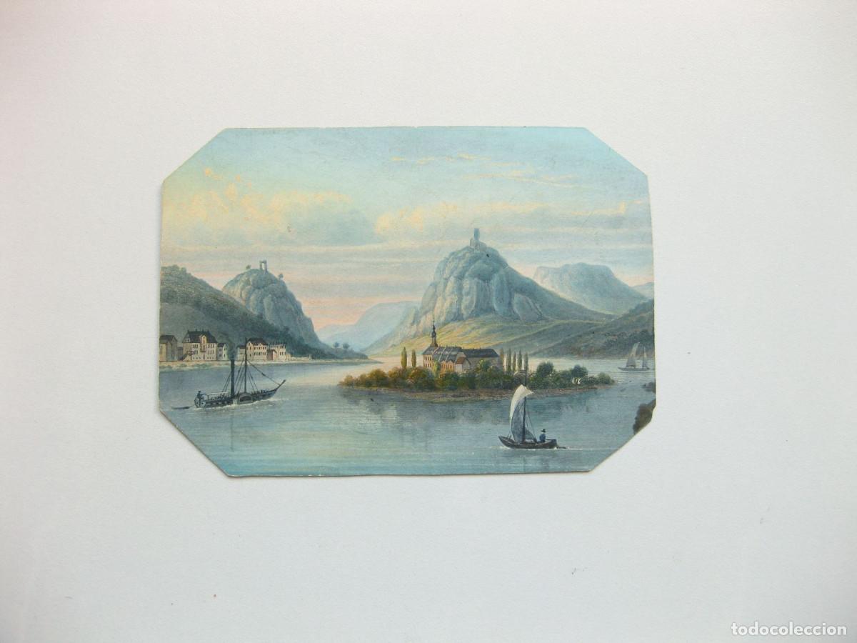 Art: DIBUJO ORIGINAL DE UN PAISAJE CON BARCO DE VAPOR DE LA ISLA NONNENWERTH. ALEMANIA. SIGLO XIX.