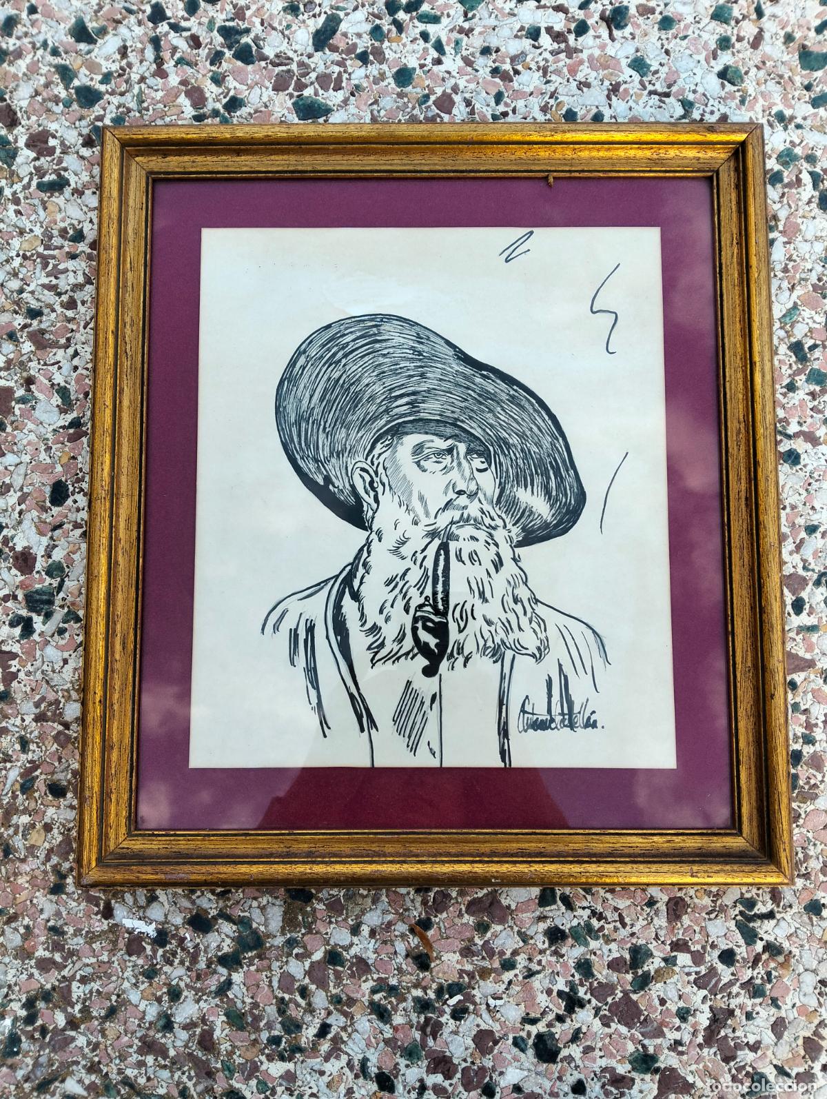 Art: Dibujo antiguo a la tinta cuadro se&ntilde;or con pipa firmado marco madera pan de oro 38 x 34 cm a&ntilde;os 60