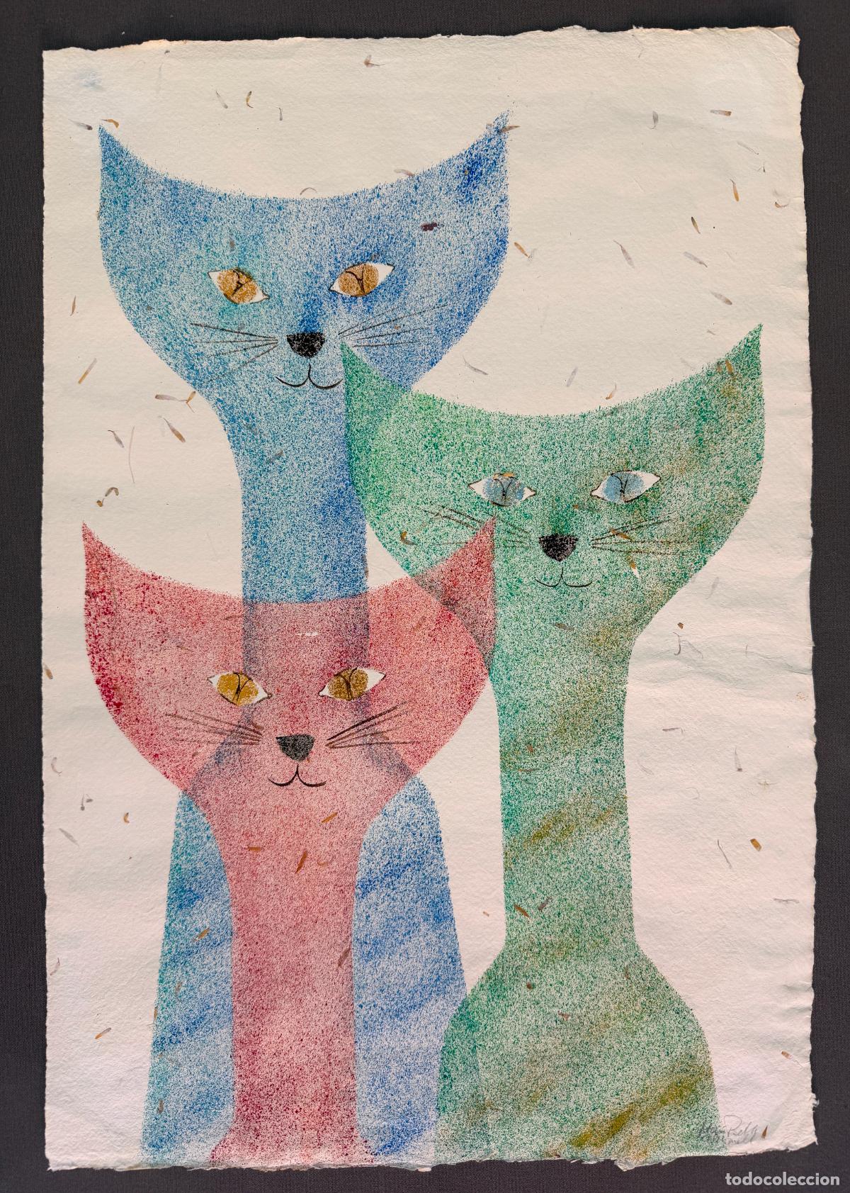 Arte: Dibujo original de tema gatos , firmado y fechado en 2008 , puntillismo ,