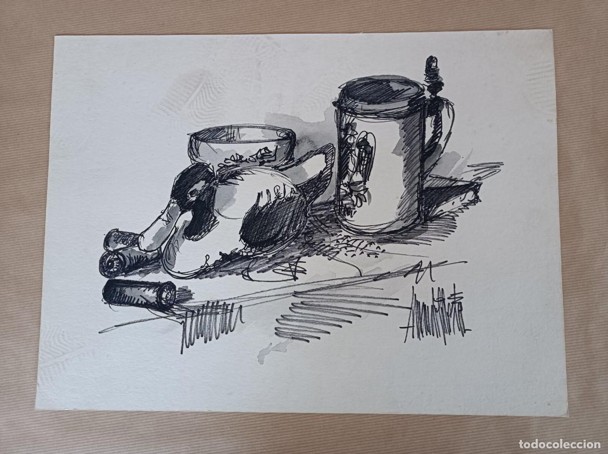 Arte: DIBUJO ILUSTRACI&Oacute;N DE BODEG&Oacute;N DE CAZA CON UN PATO, CARTUCHOS Y UNA TAZA