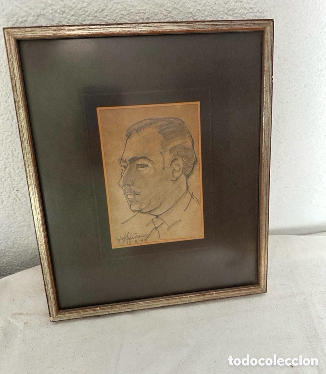Arte: Dibujo retrato a l&aacute;piz firmado Villanova 1960 enmarcado
