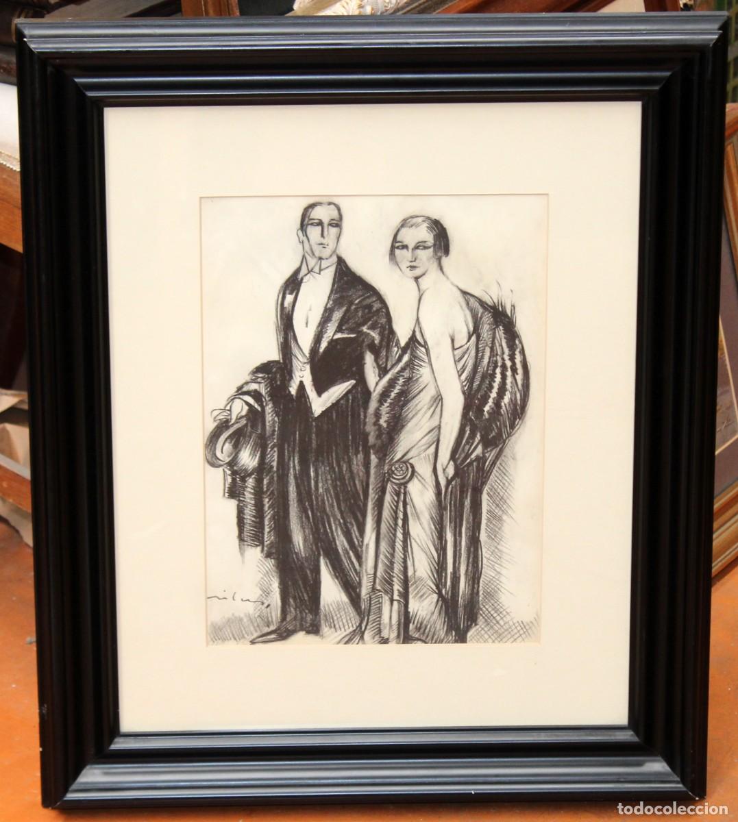 Arte: FEDERICO RIBAS MONTENEGRO (1890 - 1952) DIBUJO A CARBON. PAREJA GALANTE. EPOCA ART-DECO