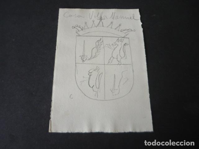 Kunst: CACERES ESCUDO DE LA FAMILIA VILLAMANUEL DIBUJO A LAPIZ ORIGINAL POR JOSE RAM&Oacute;N M&Eacute;LIDA 11 X 16 CM