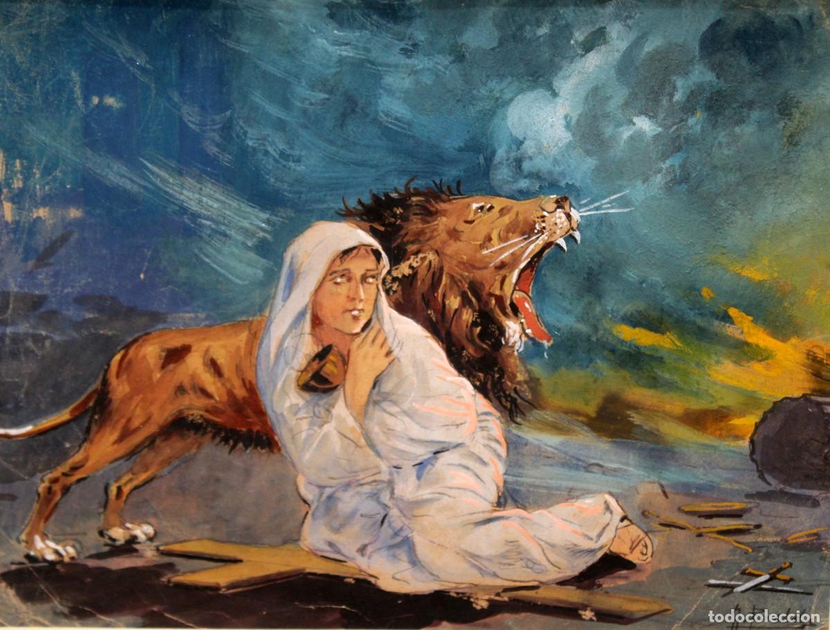 Arte: JUAN BELDA MORALES (Burjassot, 1873 - 1944) TECNICA MIXTA SOBRE PAPEL. SANTA ELENA CON UN LEON