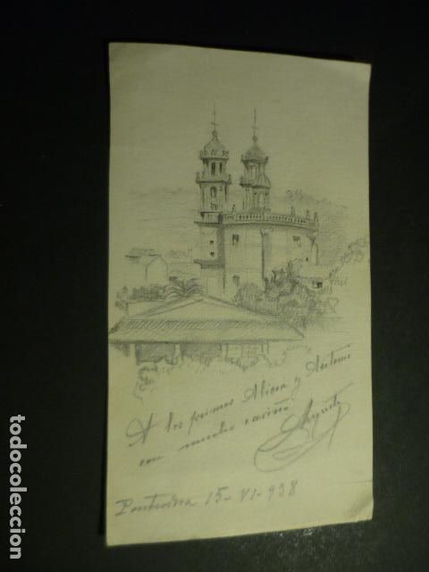 Arte: PONTEVEDRA CAPILLA DE LA PEREGRINA DIBUJO A LAPIZ 1938 POR AUGUSTO BIENZOBAS 9 X 16,5 CM