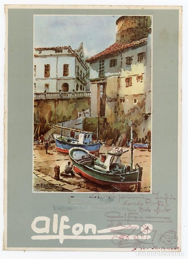 Arte: ASTURIAS. ALFONSO IGLESIAS. CARTEL CUDILLERO. DEDICADO, FIRMADO Y DIBUJADO CON PINON, TELVA Y PININ.