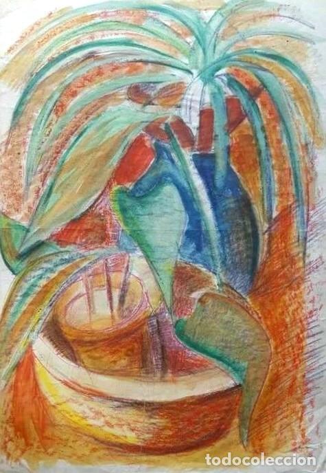 Arte: Dibujo original vintage al pastel &ndash; Composici&oacute;n abstracta de plantas &ndash; 46&times;70 cm Arte