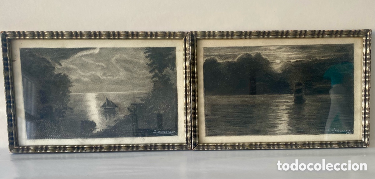 Arte: Pareja de paisajes marinos fluviales nocturnos Dibujo carboncillo sobre papel Firmado fechado