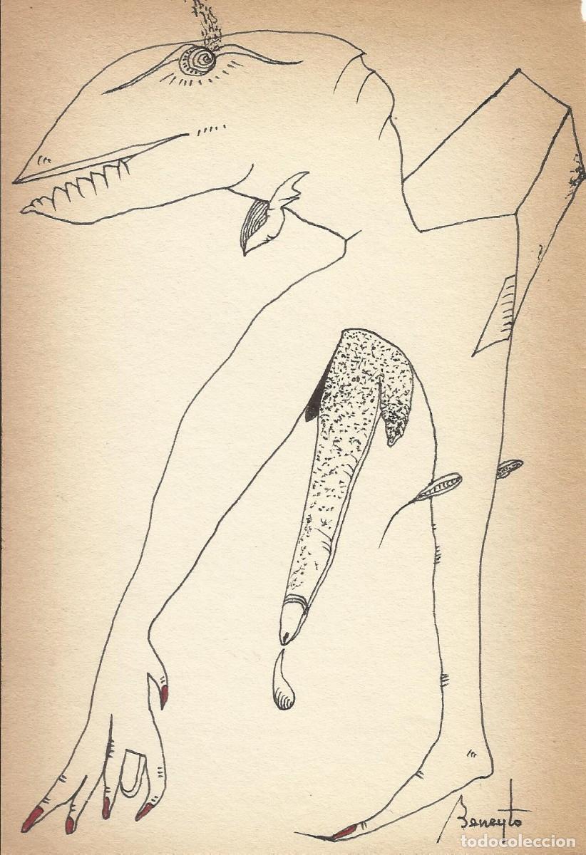 Arte: Antonio Beneyto. Dibujo a tinta y color sobre papel. Surrealismo. Firmado a mano. 20x13,5 cm.