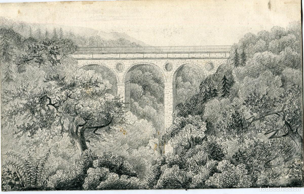 Arte: Escocia. Berwickshire. Pease bridge. Dibujo titulado y firmado ilegible al dorso.