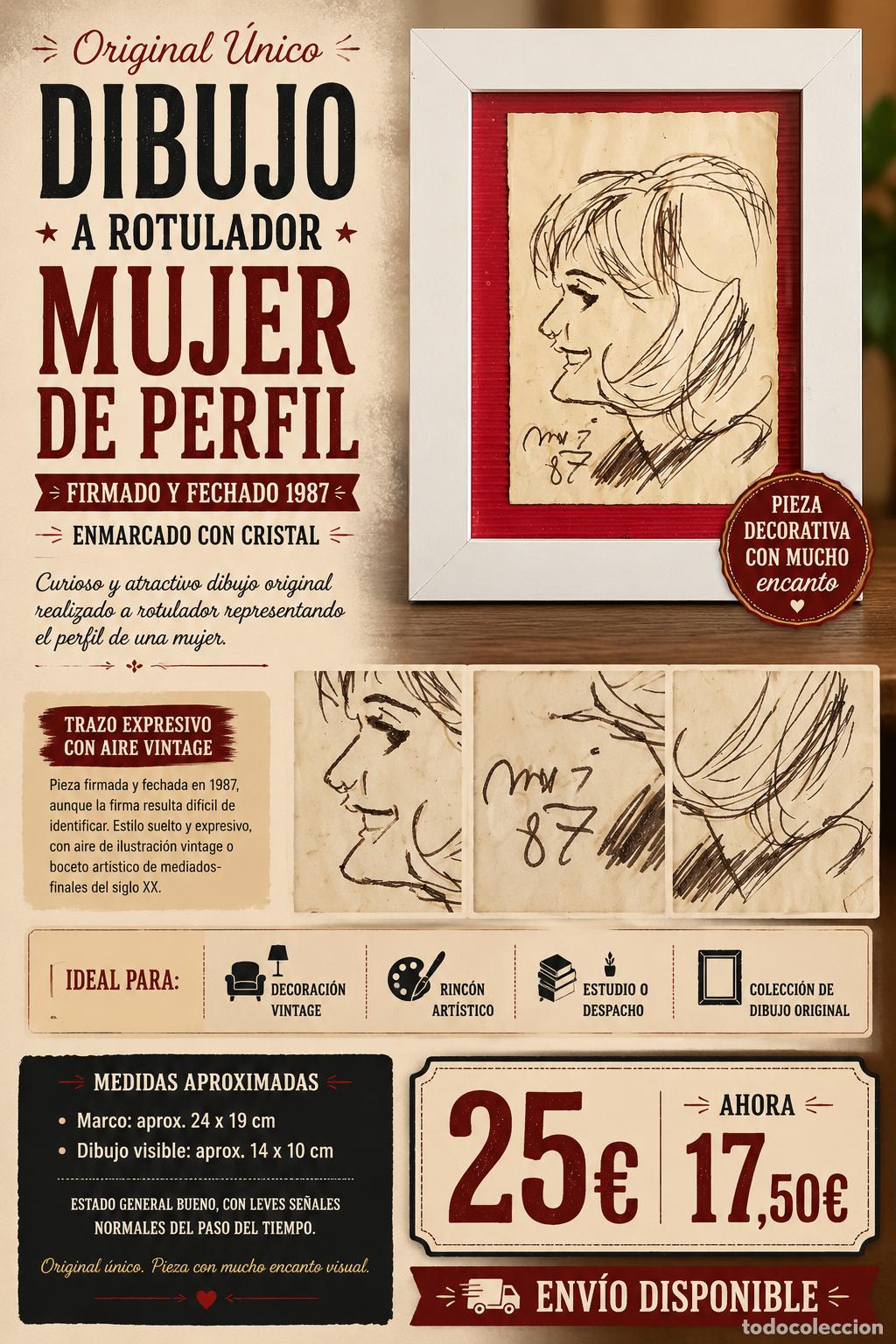 Arte: ORIGINAL A ROTULADOR | MUJER DE PERFIL | FIRMADO 1987 | DIBUJO ENMARCADO VINTAGE