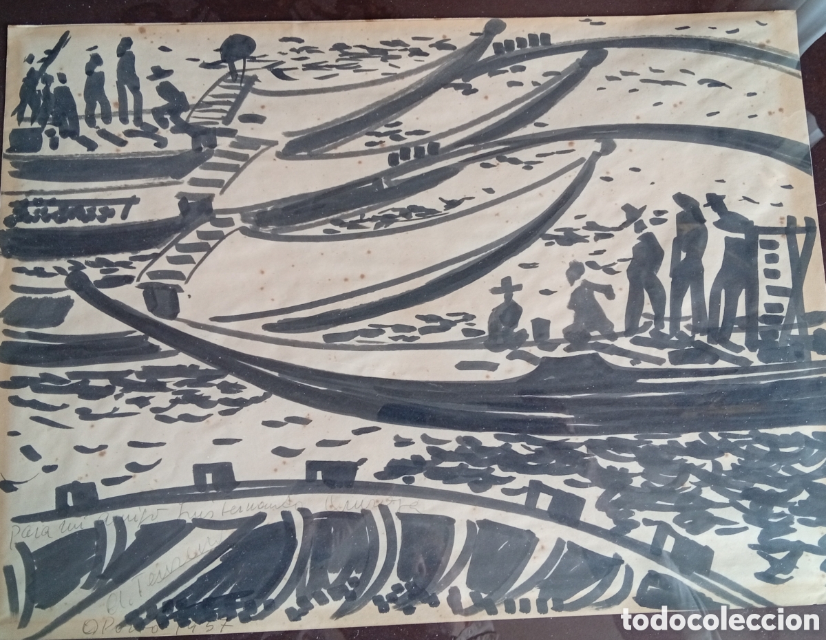 Arte: Pintura gallega t&eacute;cnica mixta tintas del gran pintor Antonio Tenreiro (La Coru&ntilde;a, 1923-2006)