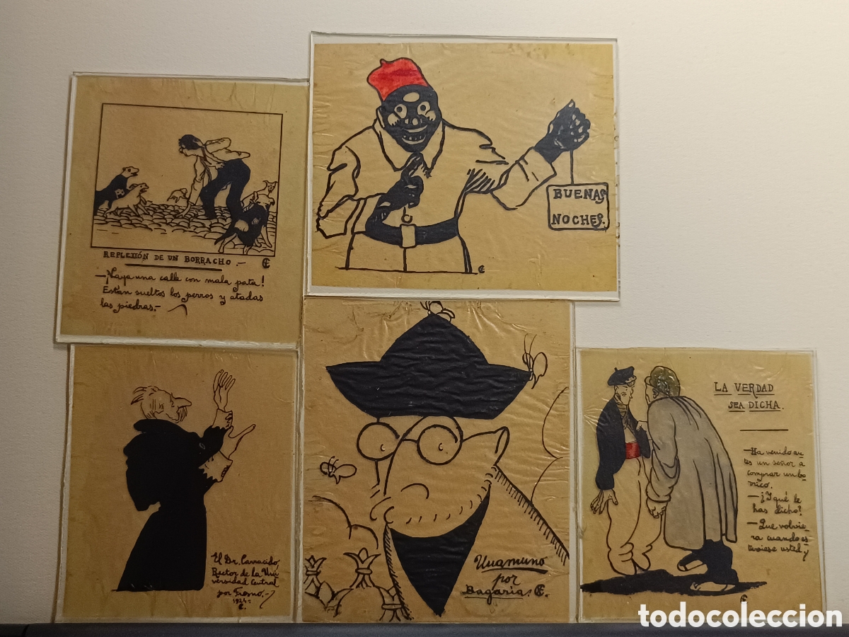 Arte: LOTE 5 DIBUJOS ORIGINALES TINTA SOBRE PAPEL CEBOLLA Y CRISTAL-PRENSA- BAGARIA, FRESNO... ca. 1924