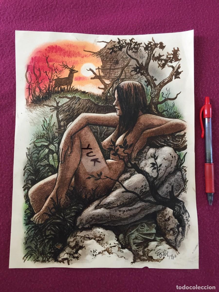 Arte: Precioso dibujo original de MUCHACHA (desnuda) EN EL BOSQUE, del dibujante y creador Lorenzo Go&ntilde;i
