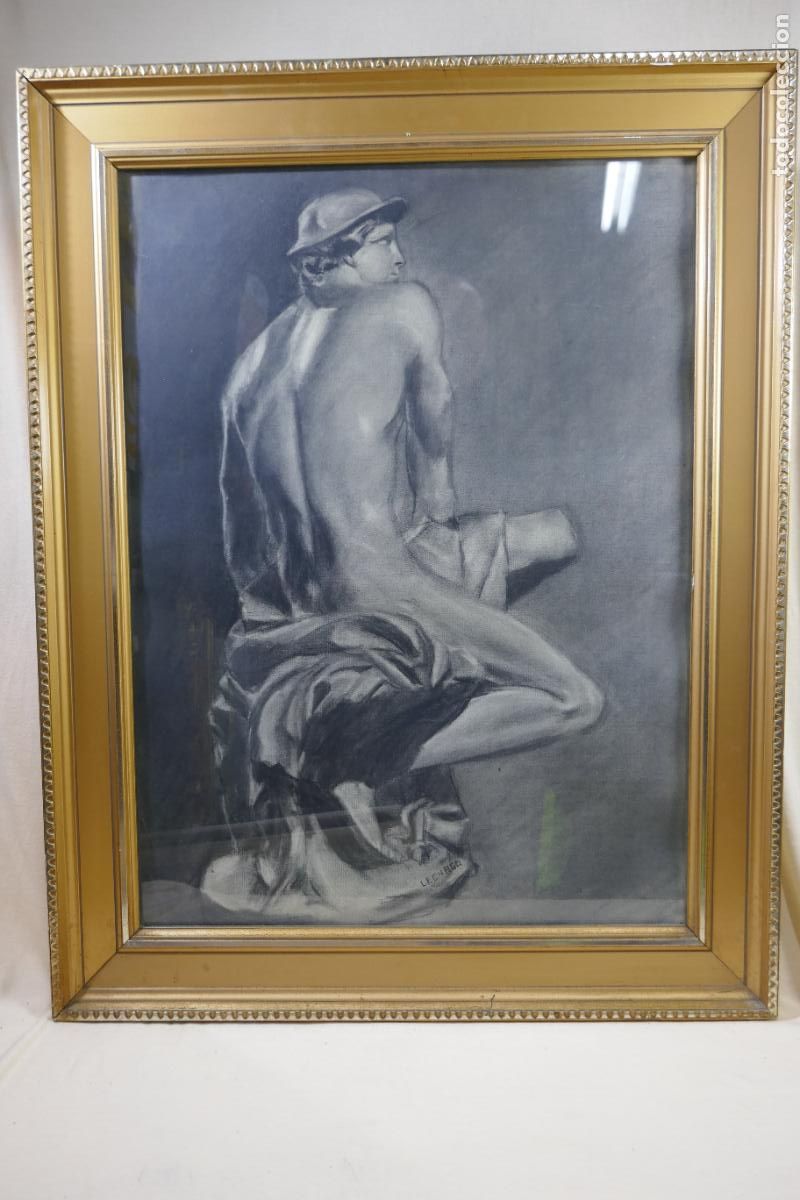 Arte: Antiguo gran dibujo al carboncillo de hombre desnudo (Firmado; LECHAGO) 74 x 58 cm