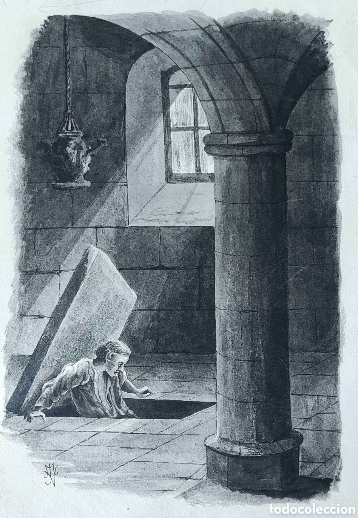 Arte: Dibujo. Original. Tinta sobre papel. Firmado. Anagrama. (MJV). Interior. Castillo. Siglo XIX.