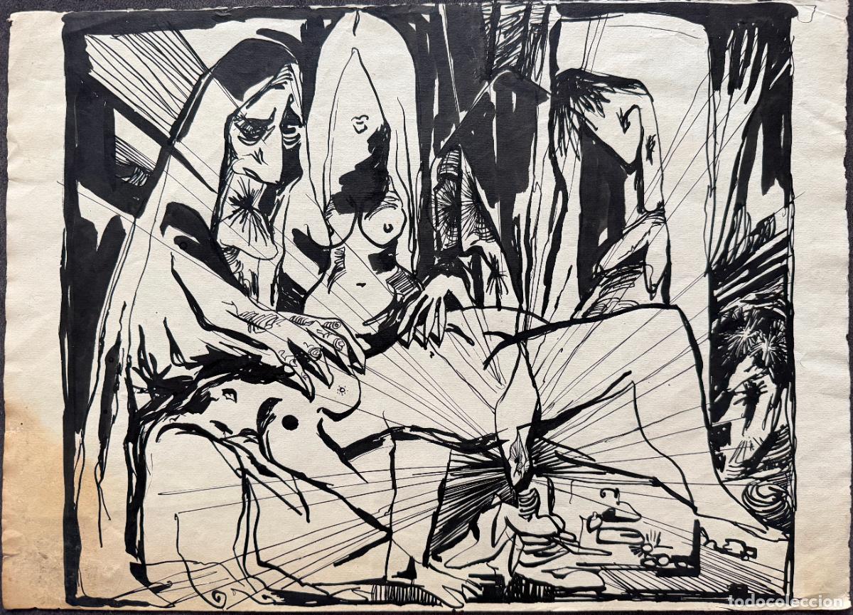 Arte: Ritual femenino realizado a tinta china sobre papel de 1960 aprox. aquelarre , brujer&iacute;a , R741