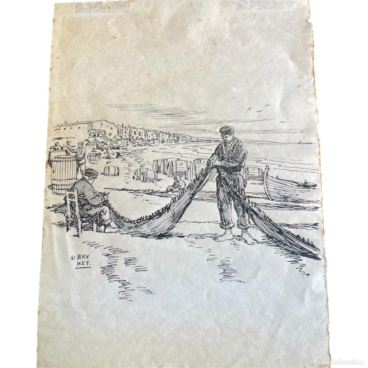 Arte: LLOREN&Ccedil; BRUNET (1873-1939) DIBUJO A TINTA. PESCADORES Y BOTEROS