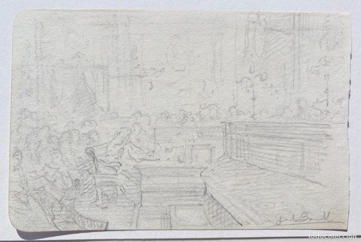 Arte: Juli Borrell, escena del juicio a Joan Rull, 1908, l&aacute;piz sobre papel, en ambas caras, 11,2x17,1 cm