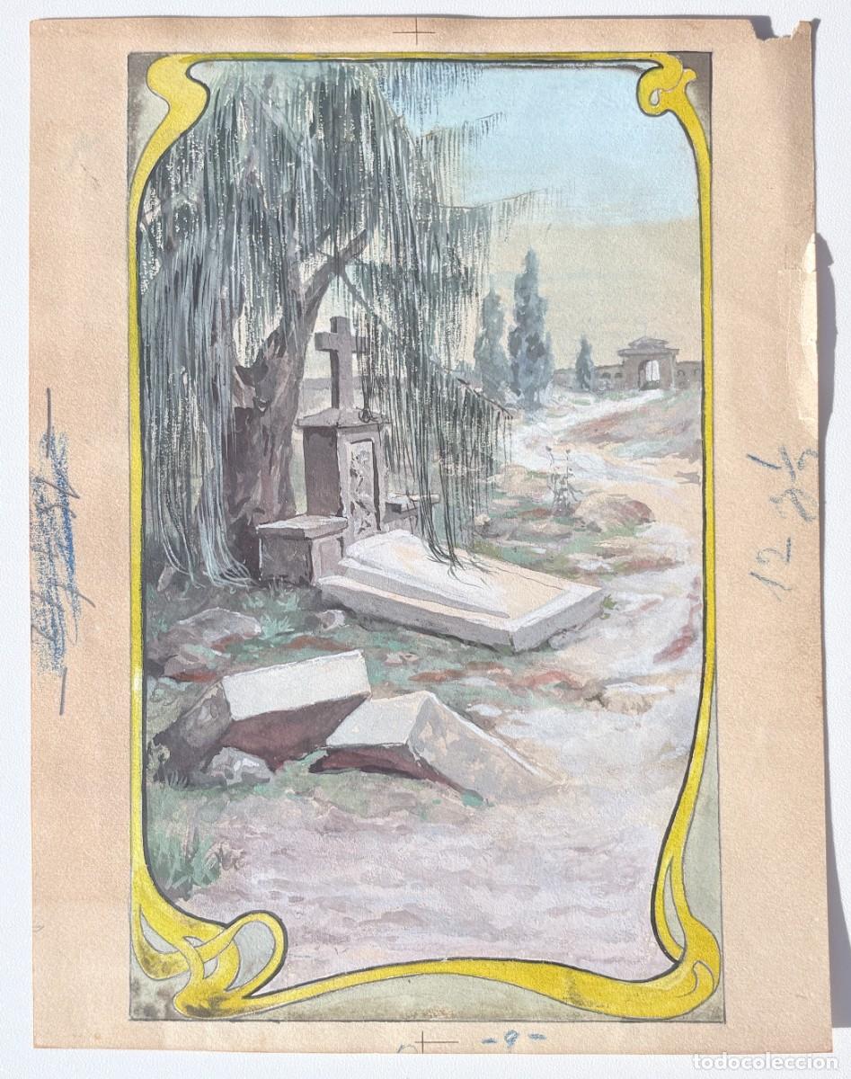 Arte: Escuela espa&ntilde;ola, c. 1900, Cementerio, gouache y acuarela sobre papel, Modernismo, Art Nouveau