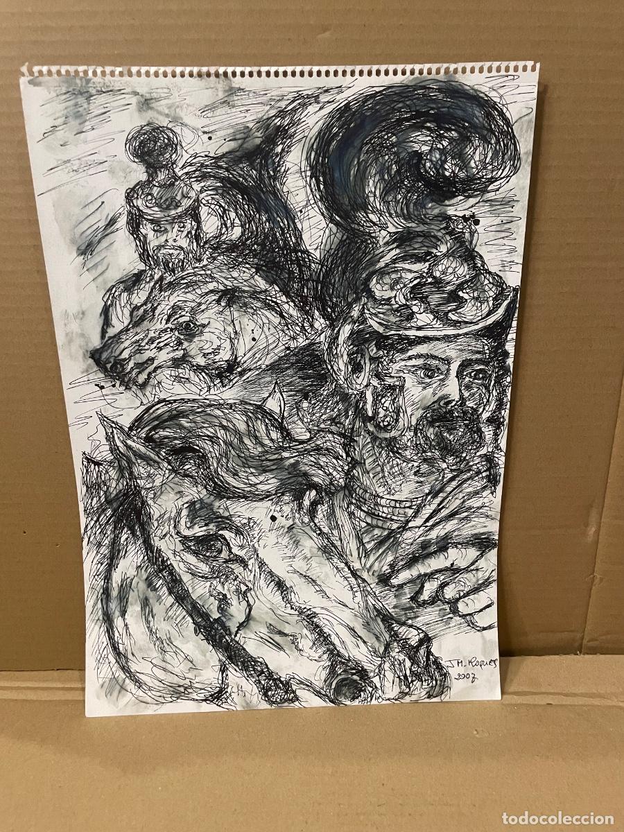 Arte: JEAN-MARIE ROQUES - ANTIGUO DIBUJO REALIZADO A TINTA FIRMADO J.M. ROQUES 2007 ESCENA GUERRERO Y CABA