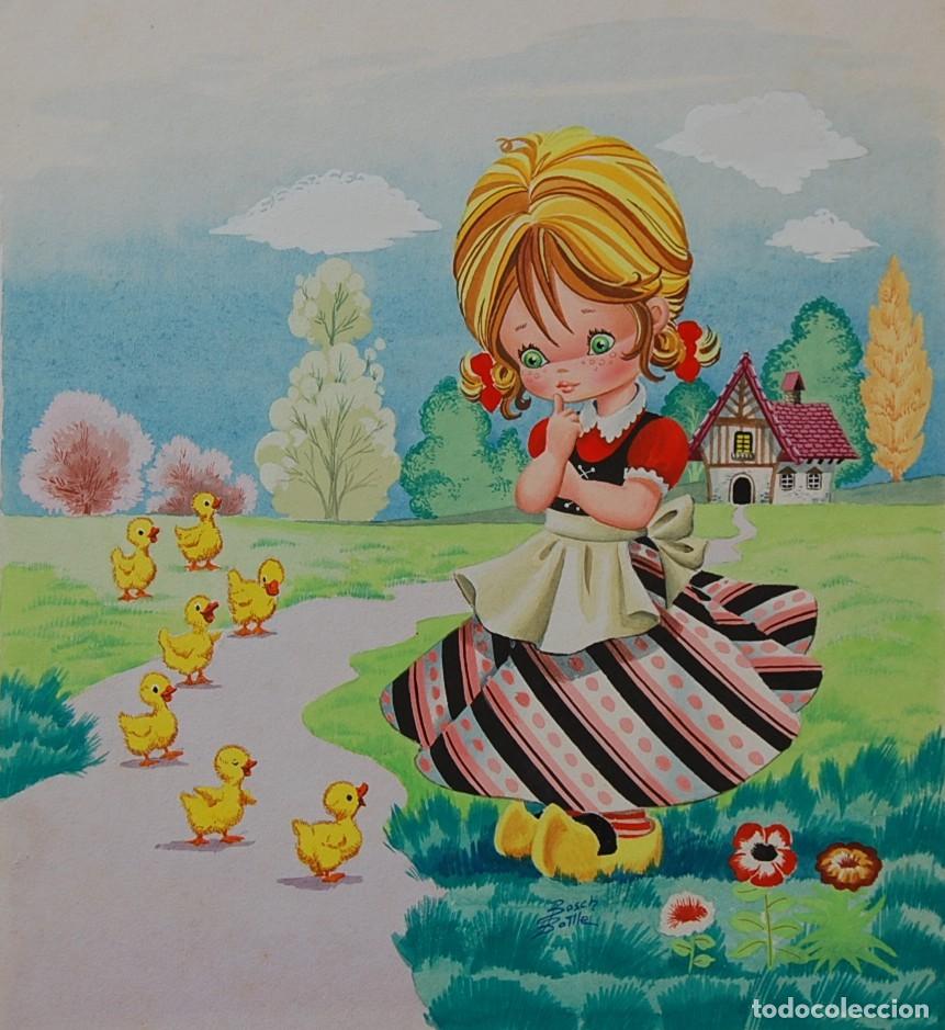 Arte: DIBUJO ORIGINAL 1950's - Ni&ntilde;a (Marian) con Animales - Granja
