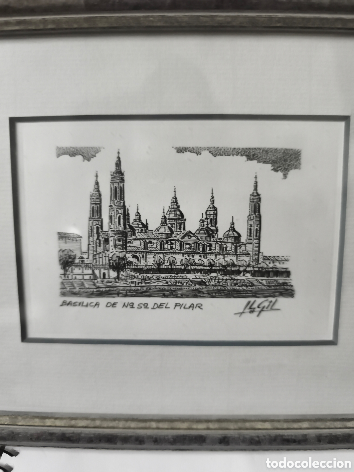 Arte: L. GIL DIBUJO TINTA PAISAJE BASILICA DEL PILAR CON FIRMA DE AUTOR