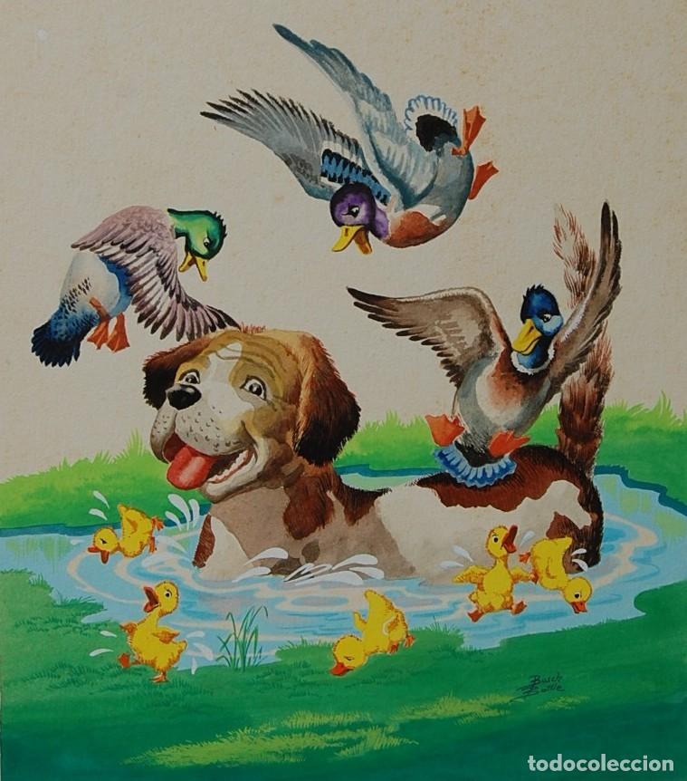 Arte: DIBUJO ORIGINAL 1977 - Marian y sus Animalitos - Perro , Patos