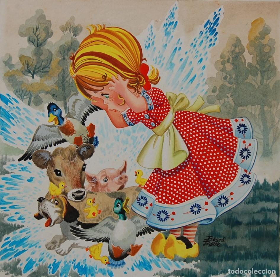 Arte: DIBUJO ORIGINAL 1977 - Marian y sus Animalitos - Granja : Ternero, Cerdo, Perro, Patos