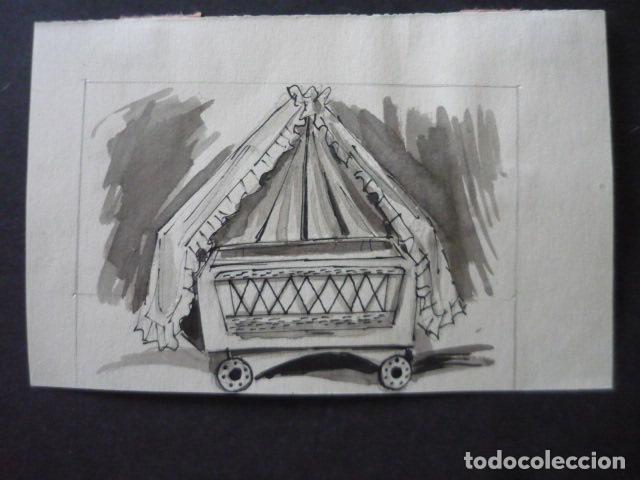 Arte: CUNA DE NICOLAS CHARRIER DIBUJO ORIGINAL LAPIZ Y TINTA TECNICA MIXTA SIGLO XX 9 X 13 CM
