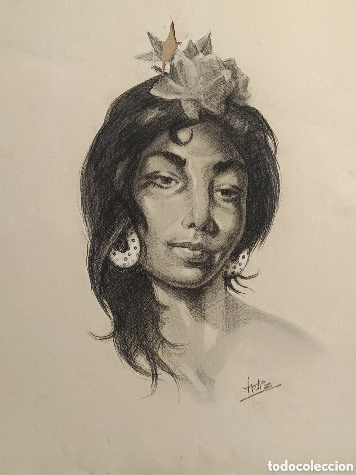 Arte: CARBONCILLO ORIGINAL DEL PINTOR ARDIZ- RETRATO DE MUJER GITANA / FLAMNECA