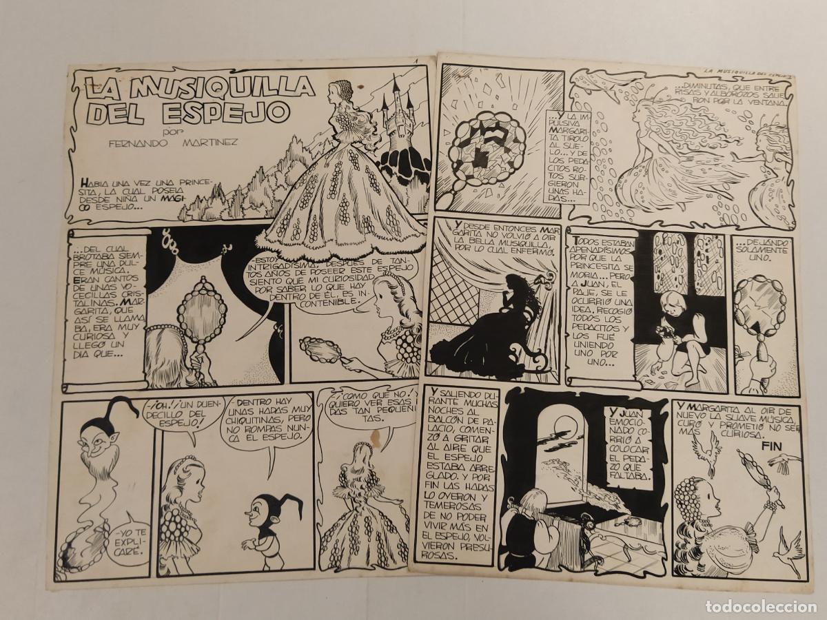 Arte: DIBUJO ORIGINAL A MANO - LA MUSIQUILLA DEL ESPEJO por FERNANDO MARTINEZ - 2 HOJAS -CUENTO-(V-28.182)