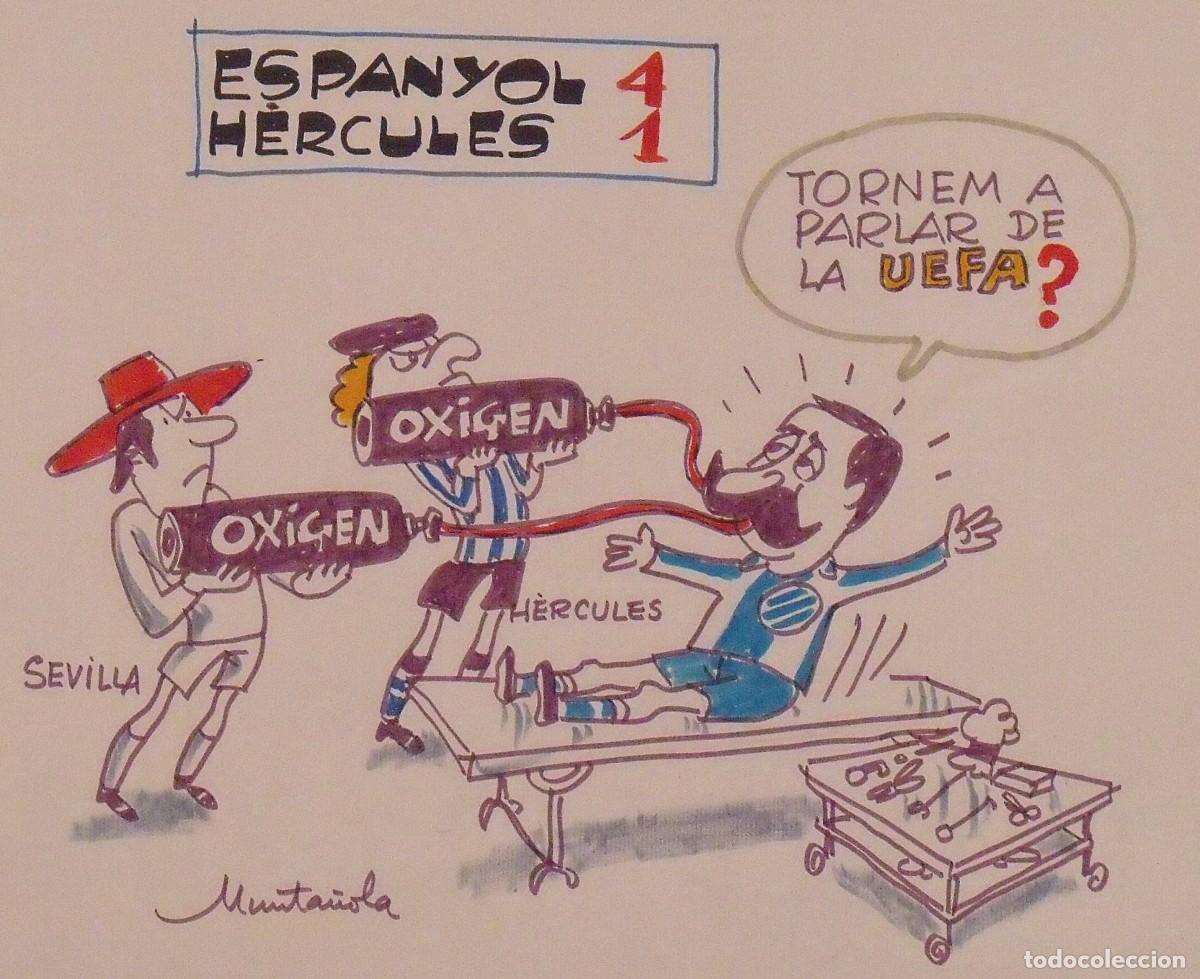 Arte: Joaquim Munta&ntilde;ola. Dibujo a rotulador &rdquo;Espanyol 4 H&eacute;rcules 1&rdquo;. Firmado mano. F&uacute;tbol. 35x50 cm.