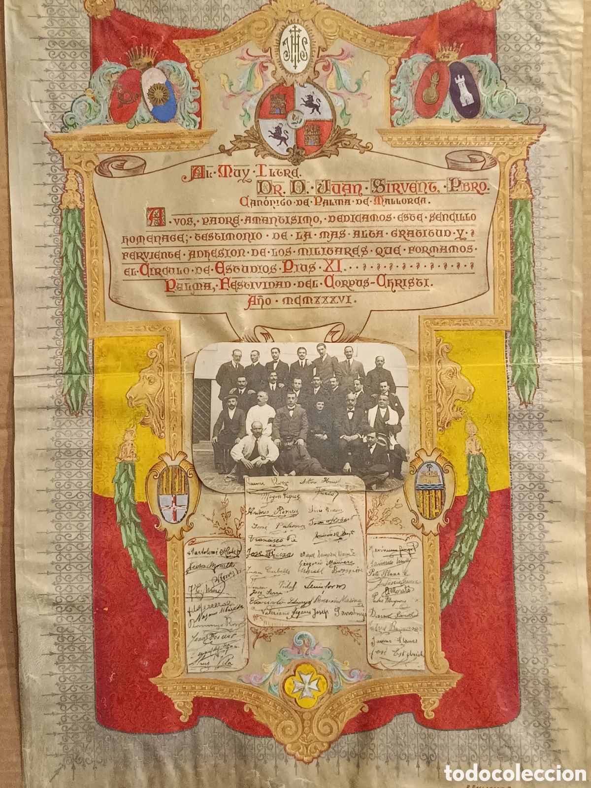 Arte: PERGAMINO ILUMINADO. HOMENAJE AL DR. JUAN SIRVENT CAN&Oacute;NIGO DE PALMA FIRMADO R. ESCLASANS BATLLE 1936