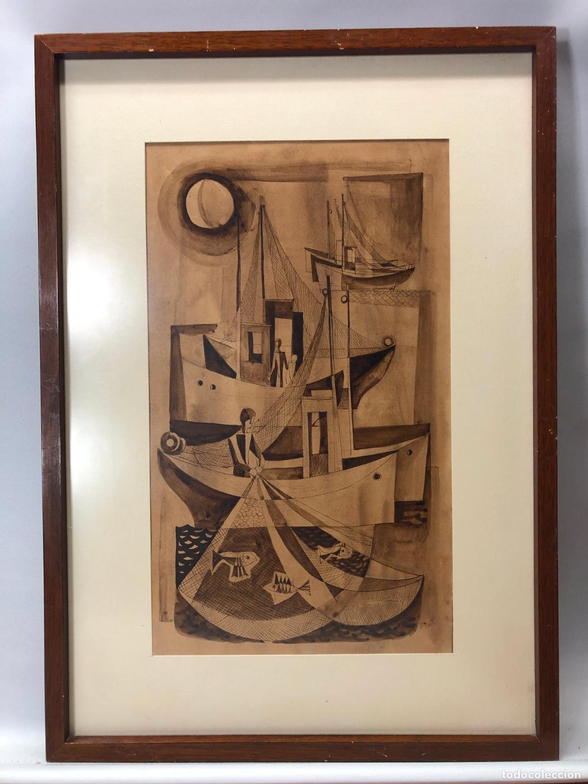 Arte: Aguada cubista original &middot; Barcos y pescadores en la noche &middot; Menorca &middot; Baleares &middot; 1 de 2
