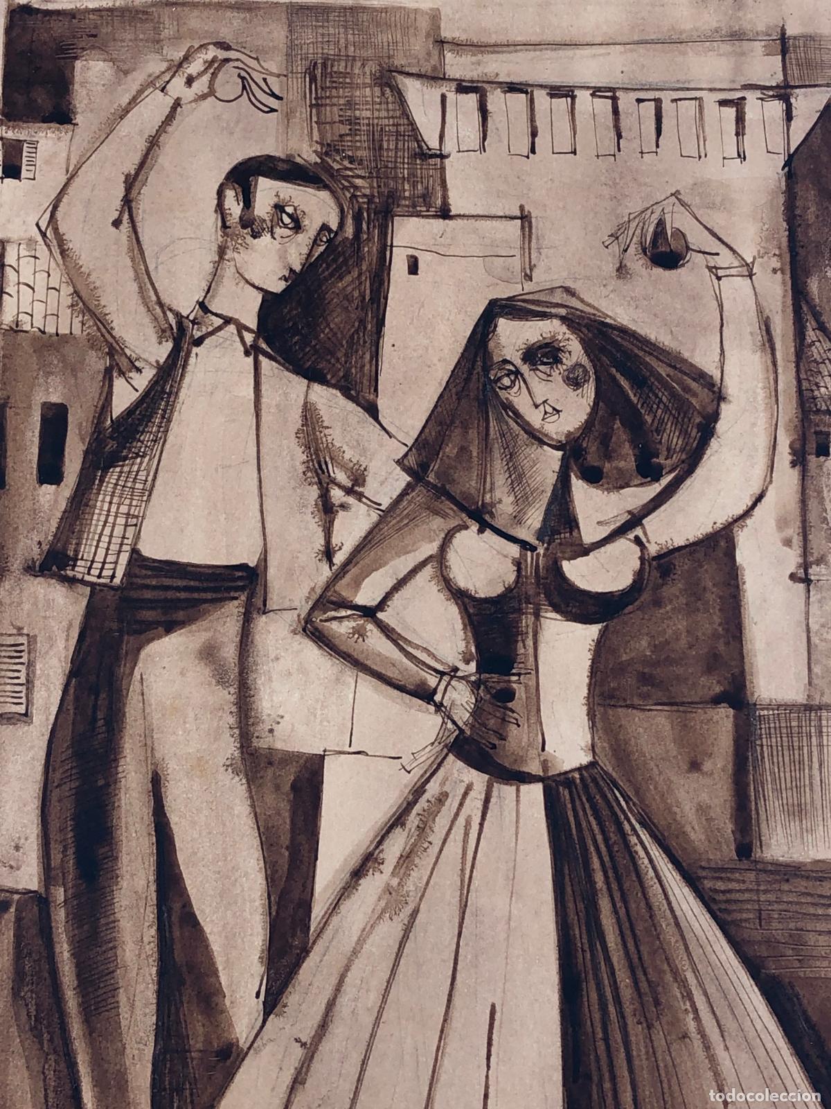 Arte: Elegante Aguada Original S. XX - Baile Tradicional Frente al Arc de Sant Roc (Mah&oacute;n) Menorca 1 de 2