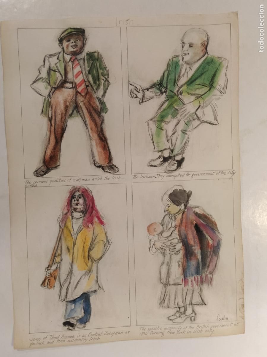 Arte: SEUBA - DIBUJO ORIGINAL PINTADO Y COLOREADO A MANO - IRISH - NEW YORK'S TYPES -VER FOTOS