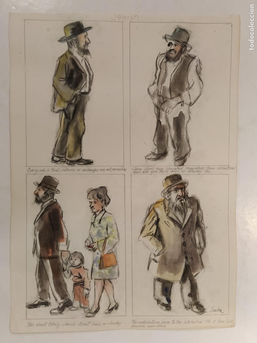 Arte: SEUBA - DIBUJO ORIGINAL PINTADO Y COLOREADO A MANO - JUDIOS JEWISH - NEW YORK'S TYPES -VER FOTOS