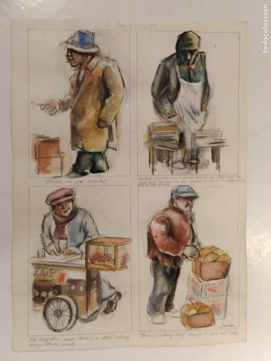 Arte: SEUBA - DIBUJO ORIGINAL PINTADO Y COLOREADO A MANO -VENDEDEORES AMBULANTES-AMBULANT-NEW YORK'S TYPES