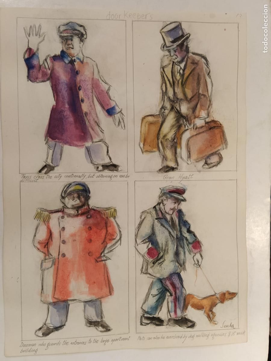 Arte: SEUBA - DIBUJO ORIGINAL PINTADO Y COLOREADO A MANO -DOOR KEEPERS-BOTONES-NEW YORK'S TYPES