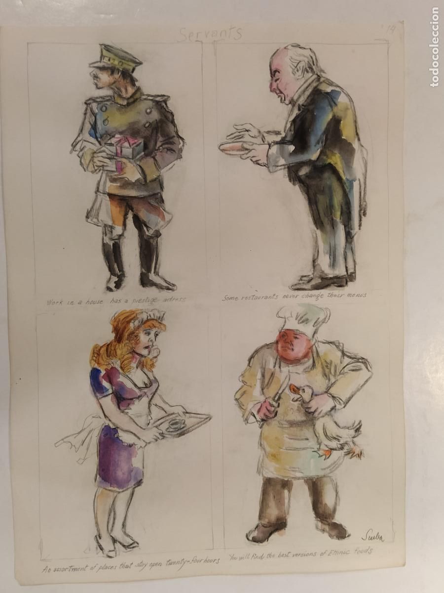 Arte: SEUBA - DIBUJO ORIGINAL PINTADO Y COLOREADO A MANO -SERVANTS-MAYORDOMOS-NEW YORK'S TYPES