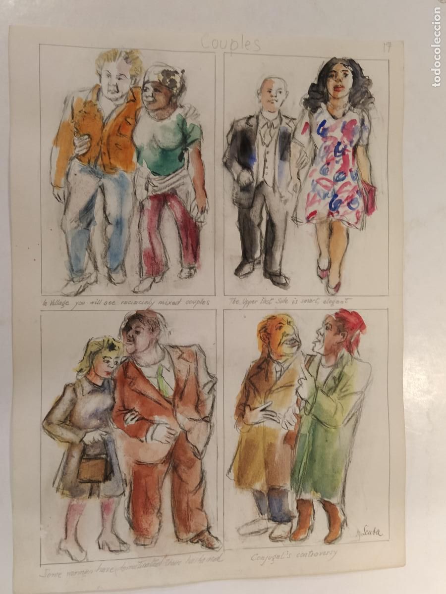 Arte: SEUBA - DIBUJO ORIGINAL PINTADO Y COLOREADO A MANO - COUPLES - PAREJAS - NEW YORK'S TYPES